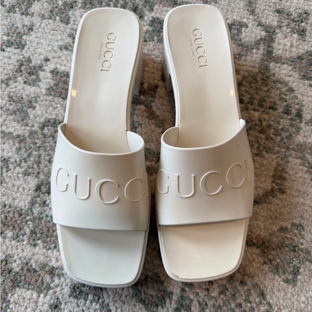 Gucci Cream Embossed Logo Slide Mules